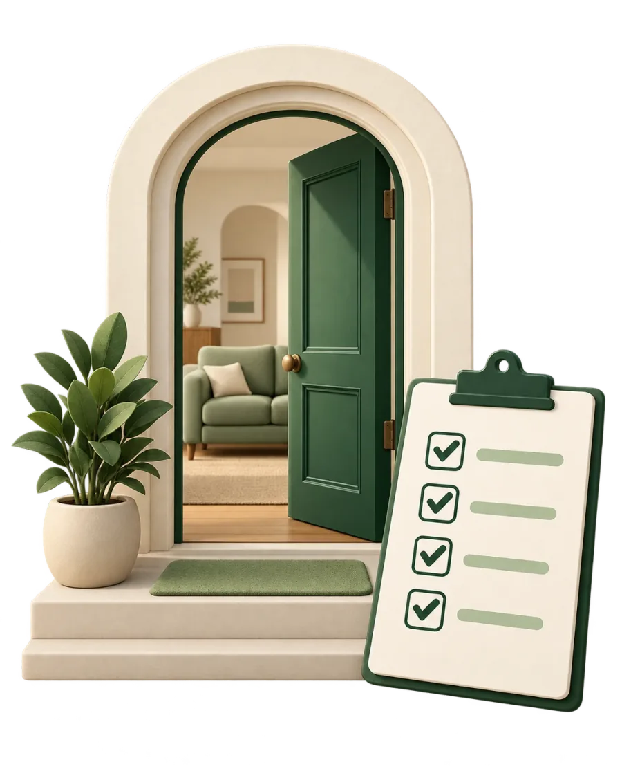 An open front door with a ticked-off inspection checklist