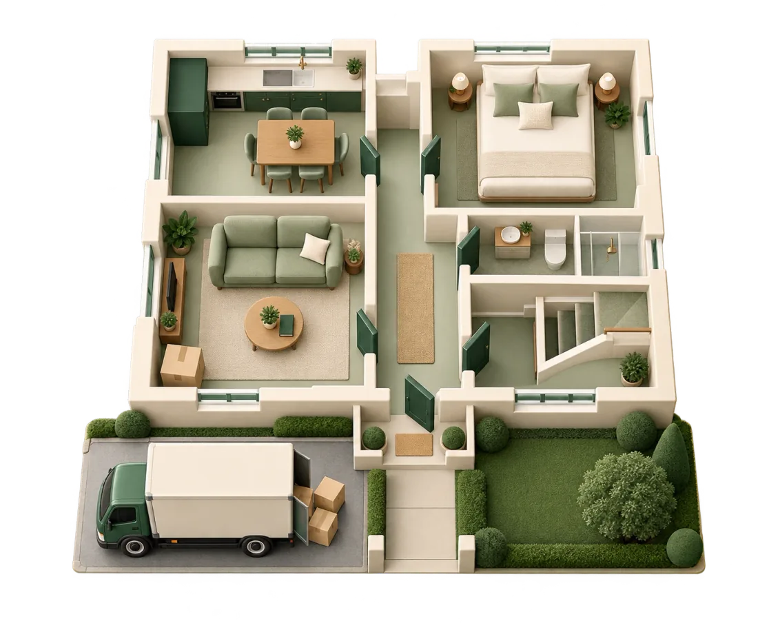 A home from above: kitchen, living room, bedroom, stairs, the front door and our truck in the driveway