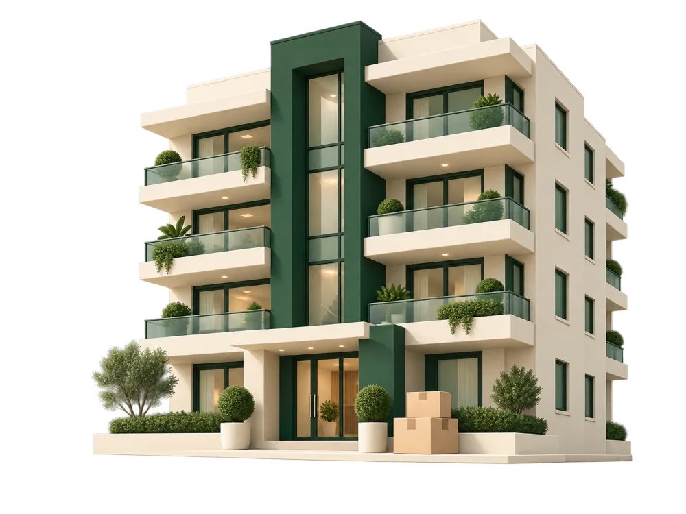 An apartment building with a lift core and balconies
