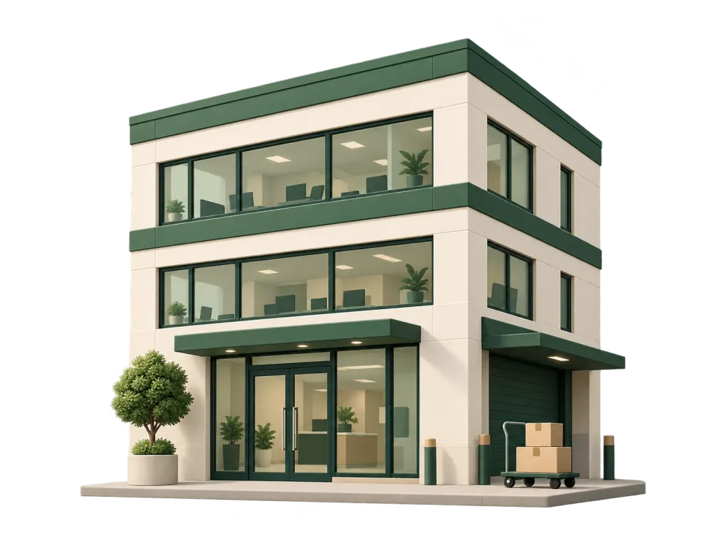 An office building with a loading dock and boxes on a trolley