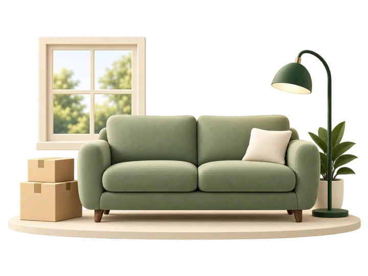 A green sofa by a window with a lamp and moving boxes