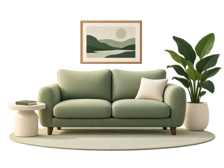 The same sofa in a new living room with a plant and a picture