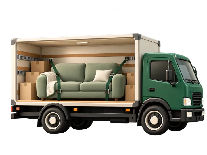 The sofa strapped in safely inside our truck