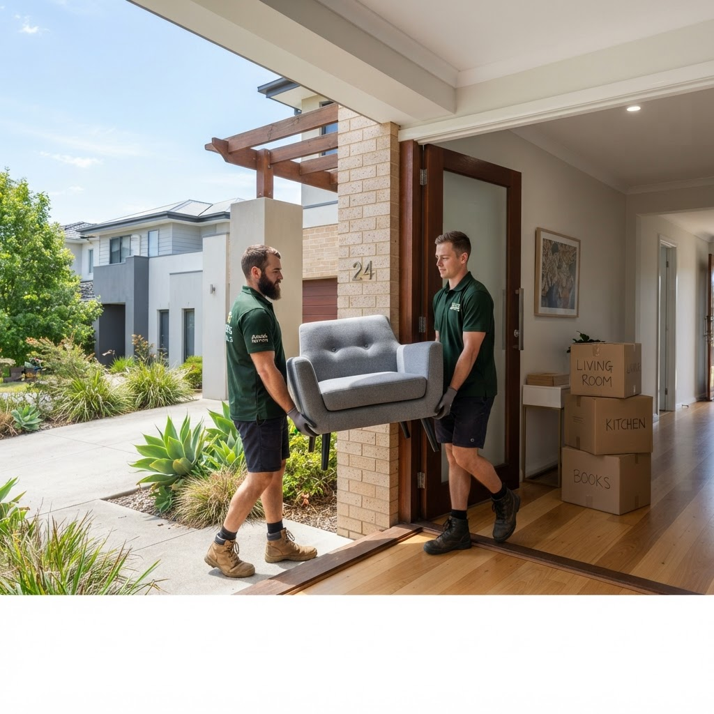 Two Homeward removalists in forest-green uniforms carrying an armchair through the open front door of a suburban home
