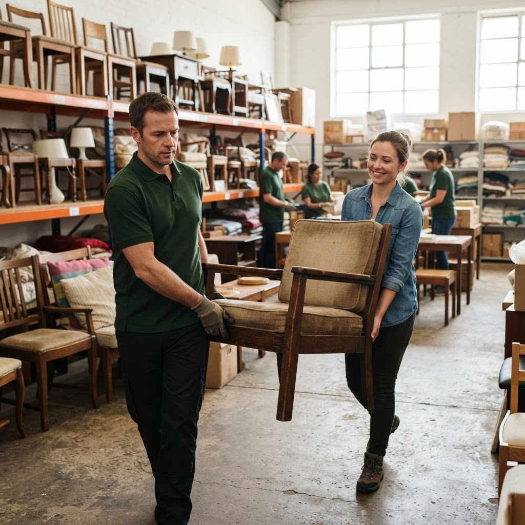 Good-quality furniture being respectfully handed over for assessment at a community organisation
